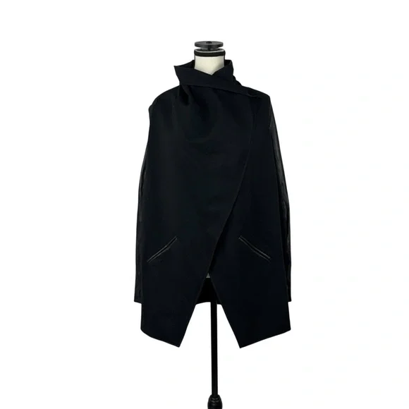 Spanx Black Asymmetrical Draped Jacket XS Faux Leather Sleeve Moto Chic Edgy - Picture 2 of 13